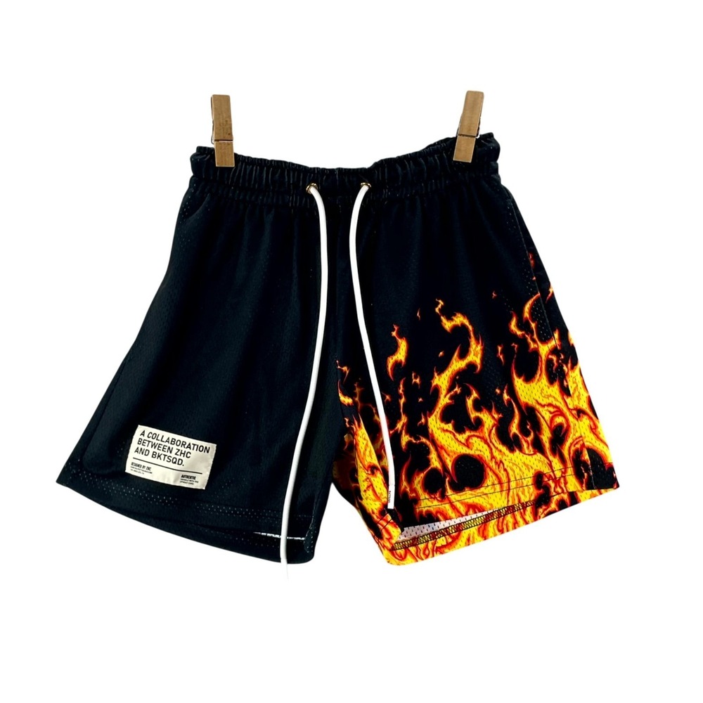BKTSQD ZHC Shorts Youth XS Black Flame Graphic Mesh Athletic Gym Basketball